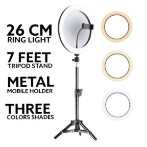 26cm Ring Light with stand, Mobile Holder, Stand Holder and 7ft Stand, RingLight with 7 Feet Stand, Three Colours Makeup LED RingLight with Tripod Stand, ...